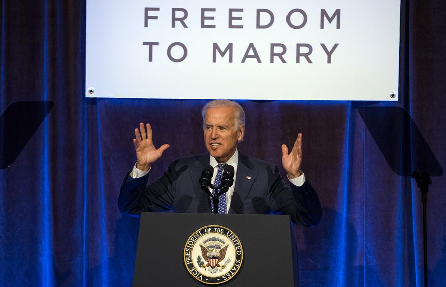 Vice President Joe Biden addresses a Freedom To Marry event in New York Thursday, July 9, 2015. (AP Photo/Craig Ruttle)