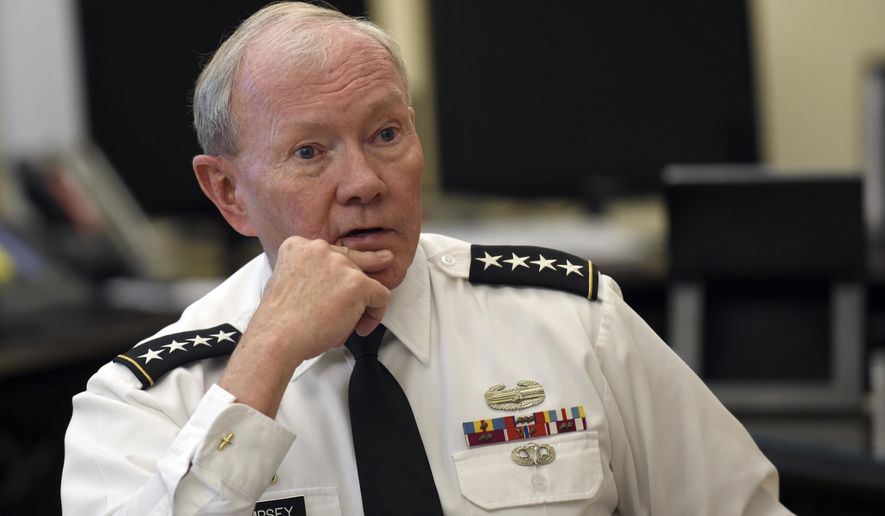 Joint Chiefs Chairman Gen. Martin Dempsey speaks during an interview with The Associated Press at the Pentagon in Washington, Wednesday, June 24, 2015. The man often called America’s top military officer, the most powerful person in uniform, actually commands nothing. No tanks, no planes, no ships, no troops. His voice carries great weight, but he gives no combat orders. As chairman Dempsey is the public face of the military, but he is not in the formal chain of command linking the president to his commanders in the field. Dempsey, who is completing four years in the job, has said it reminds him of entering the Army as a lowly second lieutenant.   (AP Photo/Susan Walsh)