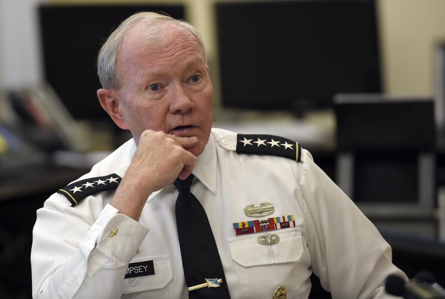 Joint Chiefs Chairman Gen. Martin Dempsey speaks during an interview with The Associated Press at the Pentagon in Washington, Wednesday, June 24, 2015. The man often called America’s top military officer, the most powerful person in uniform, actually commands nothing. No tanks, no planes, no ships, no troops. His voice carries great weight, but he gives no combat orders. As chairman Dempsey is the public face of the military, but he is not in the formal chain of command linking the president to his commanders in the field. Dempsey, who is completing four years in the job, has said it reminds him of entering the Army as a lowly second lieutenant. (AP Photo/Susan Walsh)