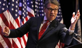 Republican presidential candidate and former Texas Gov. Rick Perry speaks during the National Right to Life convention in New Orleans on July 10, 2015. (Associated Press) **FILE**