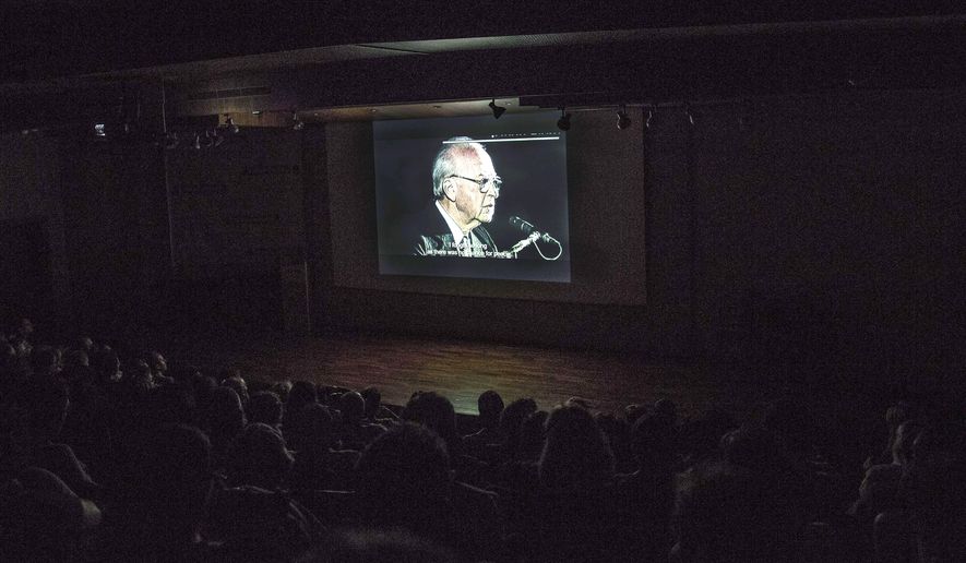In this photo taken, Wednesday, July 8, 2015, late Israeli Prime Minister Yitzhak Rabin is seen during a screening of “Beyond the Fear” movie in Jerusalem. A new documentary has set off an uproar in Israel for its peek into the family life of the country’s most reviled prisoner, the man who assassinated Prime Minister Yitzhak Rabin nearly 20 years ago. (AP Photo/Tsafrir Abayov)