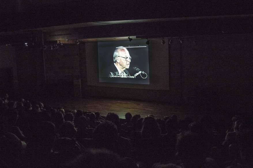 In this photo taken, Wednesday, July 8, 2015, late Israeli Prime Minister Yitzhak Rabin is seen during a screening of “Beyond the Fear” movie in Jerusalem. A new documentary has set off an uproar in Israel for its peek into the family life of the country’s most reviled prisoner, the man who assassinated Prime Minister Yitzhak Rabin nearly 20 years ago. (AP Photo/Tsafrir Abayov)