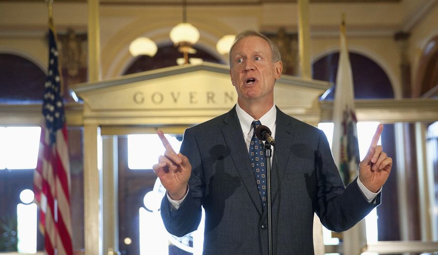 FILE - In this July 8, 2015 file photo, Illinois Gov. Bruce Rauner speaks outside his Capitol office in Springfield, Ill. In the midst of a state budget crisis, Rauner is floating a solution to Illinois’ other multibillion-dollar problem: the worst-funded public-pension systems in the U.S. The Republican announced legislation this week he said would produce “significant” savings for taxpayers and be fair to workers. (Rich Saal/The State Journal-Register via AP, File) MANDATORY CREDIT, NO SALES