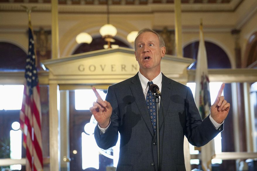 FILE - In this July 8, 2015 file photo, Illinois Gov. Bruce Rauner speaks outside his Capitol office in Springfield, Ill. In the midst of a state budget crisis, Rauner is floating a solution to Illinois’ other multibillion-dollar problem: the worst-funded public-pension systems in the U.S. The Republican announced legislation this week he said would produce “significant” savings for taxpayers and be fair to workers. (Rich Saal/The State Journal-Register via AP, File) MANDATORY CREDIT, NO SALES