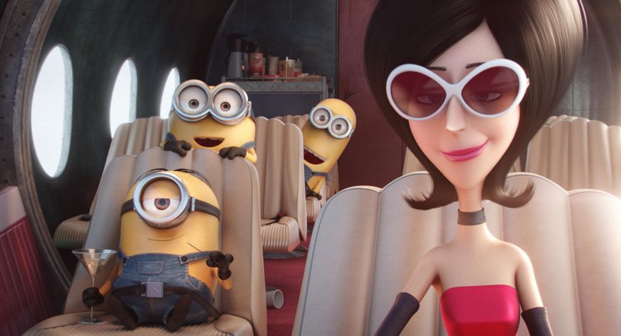 In this image released by Universal Pictures, characters, from left, Stuart, Bob, Kevin and Scarlet Overkill, voiced by Sandra Bullock, appear in a scene from the animated feature, "Minions." (Illumination Entertainment/Universal Pictures via AP)