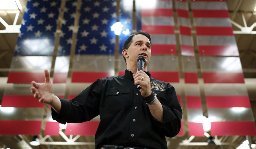 Republican presidential candidate Wisconsin Gov. Scott Walker speaks during a campaign event at a Harley-Davidson dealership Tuesday, July 14, 2015, in Las Vegas. (AP Photo/John Locher)