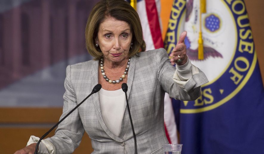 House Minority Leader Nancy Pelosi, California Democrat, speaks with reporters on Capitol Hill in Washington on July 9, 2015. (Associated Press)