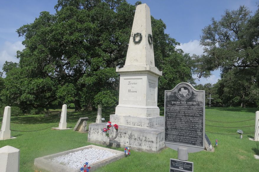 ADVANCE FOR SATURDAY, JULY 18, 2015 AND THEREAFTER- This July 3, 2015 photo, the "Treue der Union" monument which means "Loyal to the Union" stands in Comfort, Texas. This is the oldest Civil War memorial in the state. (Joe Holley/Houston Chronicle via AP)