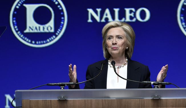Democratic presidential candidate Hillary Rodham Clinton speaks at the National Association of Latino Elected and Appointed Officials in Las Vegas on June 18, 2015. (Associated Press) **FILE**