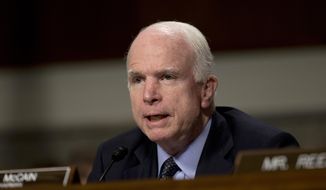 Senate Armed Services Committee Chairman Sen. John McCain, Arizona Republican, speaks during a committee hearing on Capitol Hill in Washington on July 7, 2015. (Associated Press) **FILE**