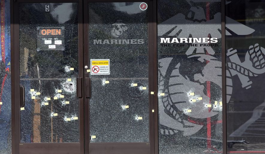 Yellow pieces of paper mark bullet holes in the glass at a military recruiting center on Friday, July 17, 2015, in Chattanooga, Tenn. Muhammad Youssef Abdulazeez of Hixson, Tenn., attacked two military facilities on Thursday, in a shooting rampage that killed four Marines. (AP Photo/John Bazemore)