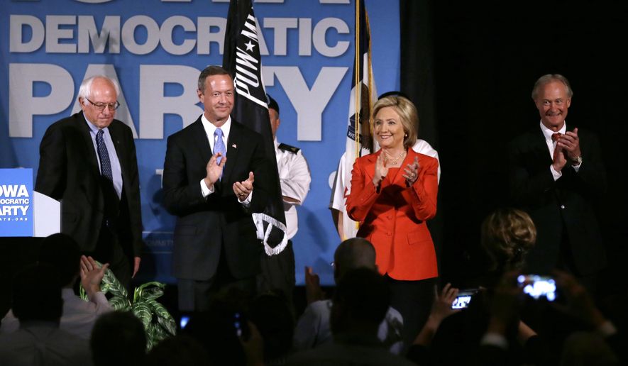 Democratic presidential candidates, from left, Bernie Sanders, Martin O&#x27;Malley, Hillary Rodham Clinton and Lincoln Chafee stand on stage during the Iowa Democratic Party&#x27;s Hall of Fame Dinner, Friday, July 17, 2015, in Cedar Rapids, Iowa. (AP Photo/Charlie Neibergall) ** FILE **