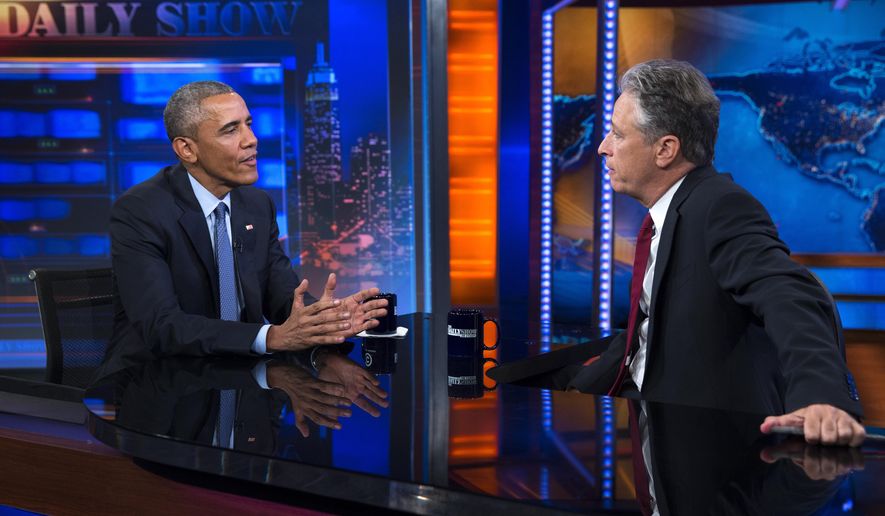 President Barack Obama, left, talks with Jon Stewart, host of &amp;quot;The Daily Show&amp;quot; during a taping, on Tuesday, July 21, 2015, in New York. (AP Photo/Evan Vucci)