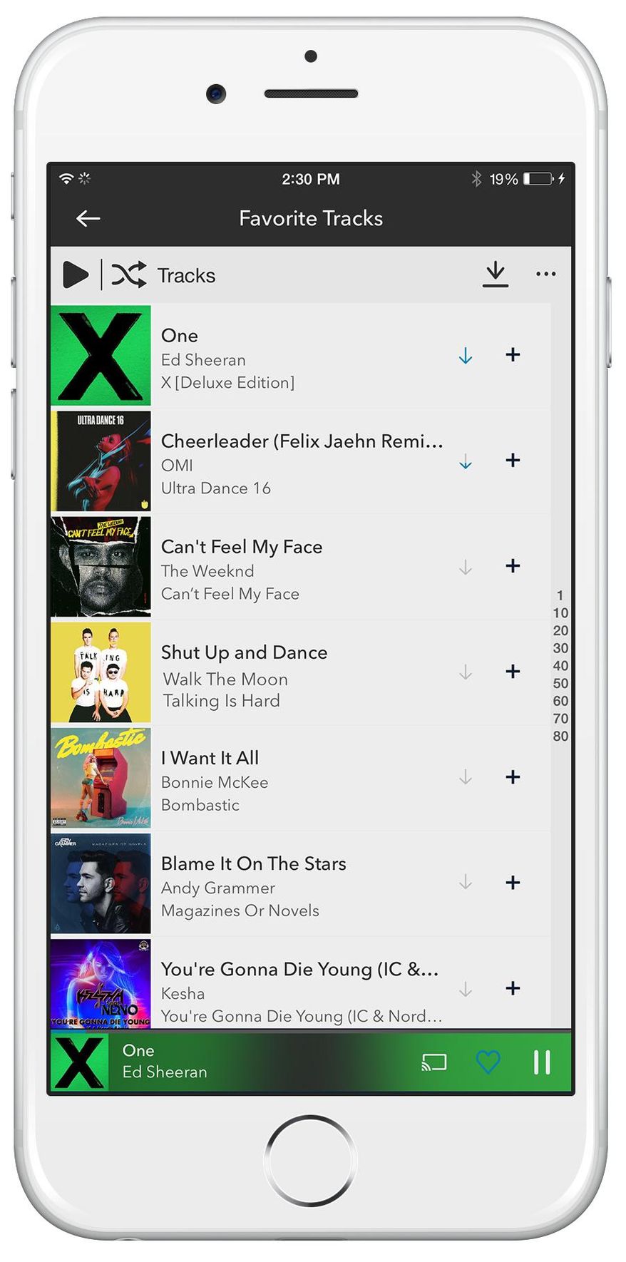 This product image provided by Rhapsody shows the Favorite Tracks section of the Rhapsody app for iPhone. A new download arrow beside each track is featured prominently, in part to address the misunderstanding that the streaming app always requires an Internet connection. (Rhapsody via AP)