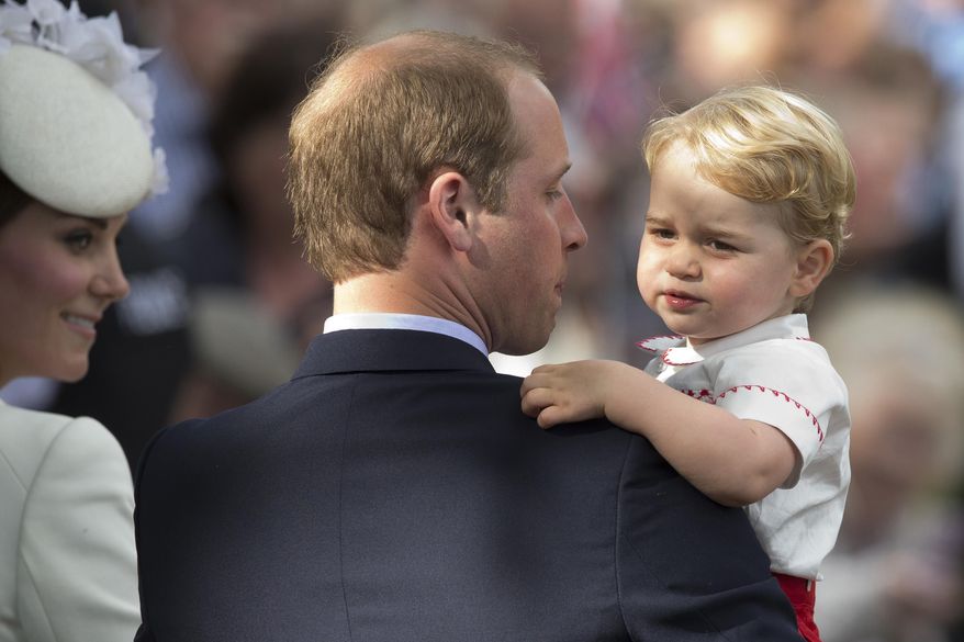 In this Sunday, July 5, 2015, file photo, Britain's Prince William, Kate the Duchess of Cambridge and their son Prince George leave after their daughter Princess Charlotte's Christening at St. Mary Magdalene Church in Sandringham, England. (AP Photo/Matt Dunham, file)
