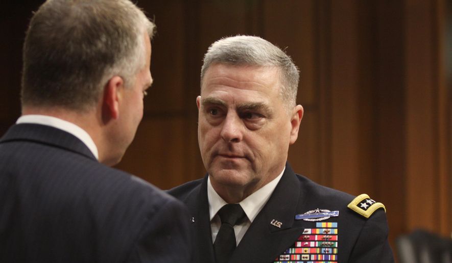 Gen. Mark Milley talks with Sen. Dan Sullivan, R-AK, after Milley&#39;s confirmation hearing at the Senate Armed Services Committee on July 21, 2015 on Capitol Hill in Washington.  Milley responded to questions about the deaths of four Marines and a sailor who were killed Thursday in Chattanooga, Tennessee.   (AP Photo/Lauren Victoria Burke) **FILE**