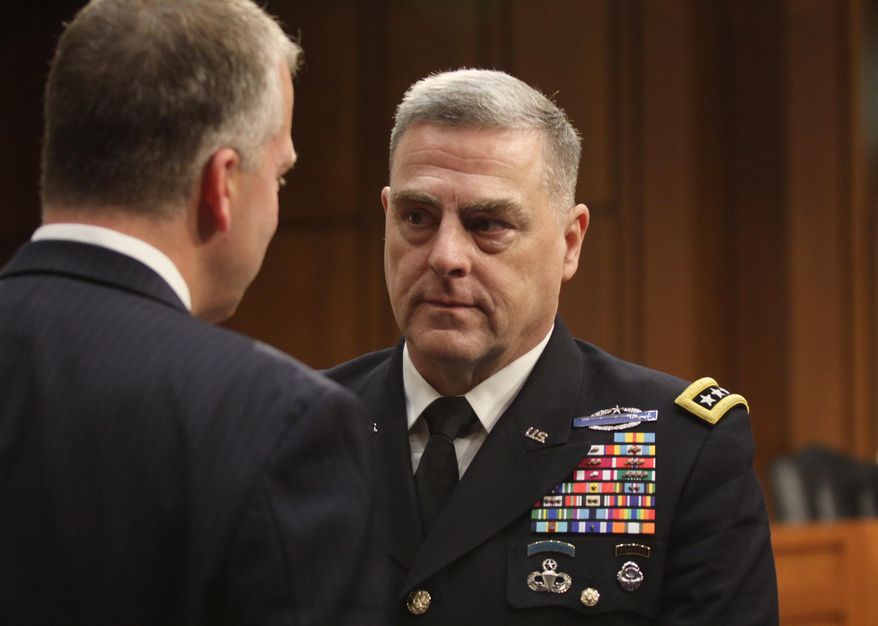 Gen. Mark Milley talks with Sen. Dan Sullivan, R-AK, after Milley&#39;s confirmation hearing at the Senate Armed Services Committee on July 21, 2015 on Capitol Hill in Washington.  Milley responded to questions about the deaths of four Marines and a sailor who were killed Thursday in Chattanooga, Tennessee.   (AP Photo/Lauren Victoria Burke) **FILE**