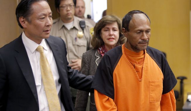 Juan Francisco Lopez-Sanchez (right) is led into the courtroom by San Francisco Public Defender Jeff Adachi and Assistant District Attorney Diana Garciaor for his arraignment at the Hall of Justice in San Francisco on  July 7, 2015. More than 1,800 immigrants that the federal government wanted to deport were nevertheless released from local jails and later re-arrested for various crimes, according to a government report released July 13, 2015. The controversy was re-ignited after 32-year-old Kathryn Steinle was shot to death while walking on a San Francisco pier and authorities arrested suspect Lopez-Sanchez, who was released from jail in April even though immigration officials had lodged a detainer to try to deport him from the country for a sixth time. (Michael Macor/San Francisco Chronicle via Associated Press)