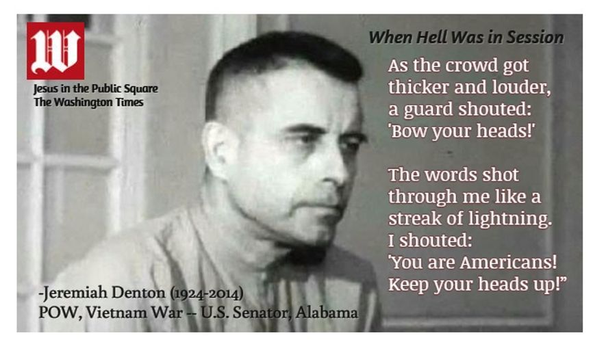 Jeremiah Denton, screenshot from the famous film footage of his captivity as a POW in Vietnam. Denton answered the questions, all the while spelling out &quot;t-o-r-t-u-r-e&quot; in Morse code with the blinking of his eyelids.