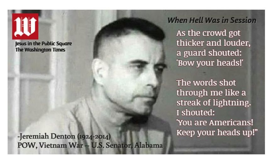 Jeremiah Denton, screenshot from the famous film footage of his captivity as a POW in Vietnam. Denton answered the questions, all the while spelling out &quot;t-o-r-t-u-r-e&quot; in Morse code with the blinking of his eyelids.