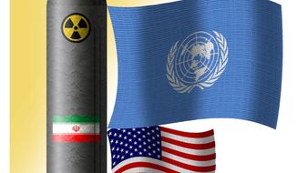 Illustration on the dominance of the U.N in the Obama/Iran nuclear arms deal by Alexander Hunter/The Washington Times