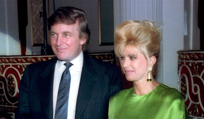 Donald Trump, left, and his ex-wife, Ivana Trump, stand together at a reception prior to the Hotel Industry Annual Candlelight Gala held at New York&#x27;s Plaza Hotel, Tues., April 9, 1991. (Associated Press)