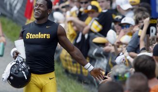 Pittsburgh Steelers wide receiver Antonio Brown is greeted by fans as he takes the field for practice at NFL football training camp in Latrobe, Pa., Monday, July 27, 2015. (AP Photo/Keith Srakocic)