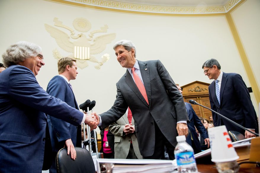 Energy Secretary Ernest Moniz, left, Secretary of State John Kerry, center, and Treasury Secretary Jacob Lew, right, arrive on Capitol Hill in Washington, Tuesday, July 28, 2015, to testify before the House Foreign Affairs Committee hearing on the Iran Nuclear Agreement. (AP Photo/Andrew Harnik)