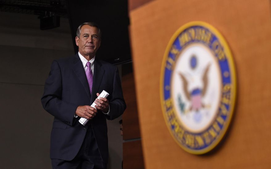 House Speaker John Boehner of Ohio arrives for a news conference on Capitol Hill in Washington, Wednesday, July 29, 2015. An effort by a conservative Republican to strip Boehner of his position as the top House leader is largely symbolic, but is a sign of discontent among the more conservative wing of the House GOP. On Tuesday, Rep. Mark Meadows of North Carolina, who was disciplined earlier this year by House leadership, filed a resolution to vacate the chair, an initial procedural step.(AP Photo/Susan Walsh)