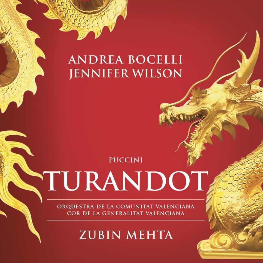 This CD cover image released by Universal Music Classics/Decca/Sugar shows Andrea Bocelli, Puccini's "Turandot." (Universal Music Classics/Decca/Sugar via AP)