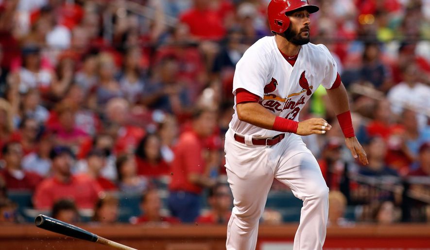 St. Louis Cardinals&#39; Matt Carpenter runs after hitting a double during the second inning of a baseball game against the Colorado Rockies, Friday, July 31, 2015, in St. Louis. (AP Photo/Scott Kane)