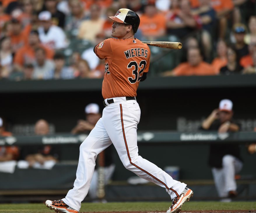 Baltimore Orioles' Matt Wieters follows through on a RBI single against the Detroit Tigers during the first inning of a baseball game, Saturday, Aug. 1, 2015, in Baltimore. (AP Photo/Gail Burton)
