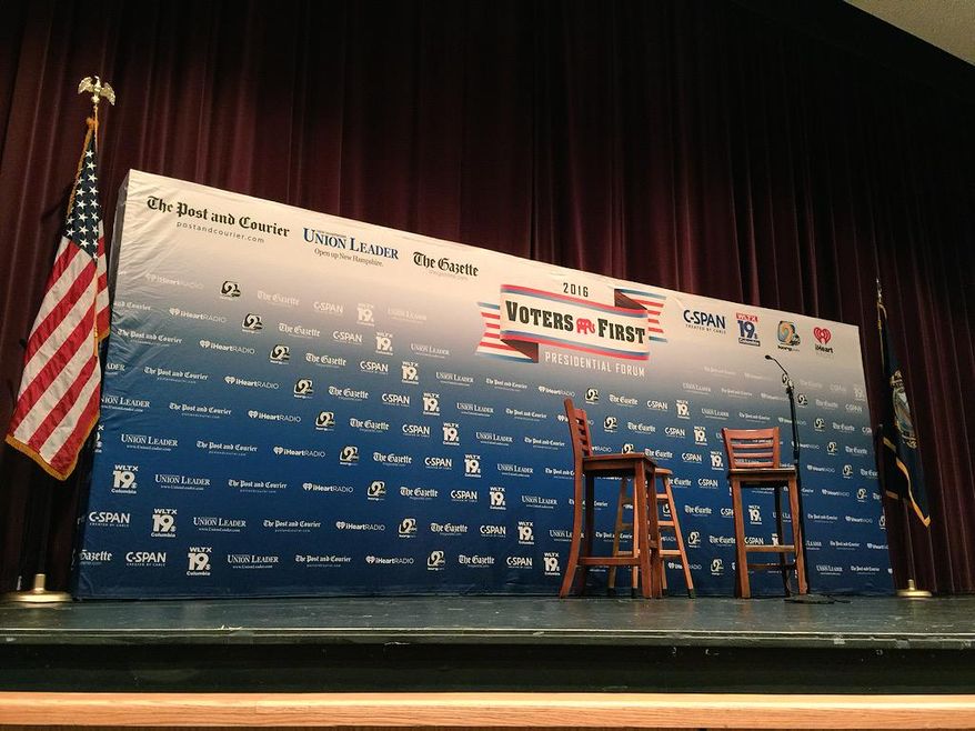 The stage awaits for the New Hampshire presidential forum. (Image from Steven DiSalvo, Saint Anselm's College)