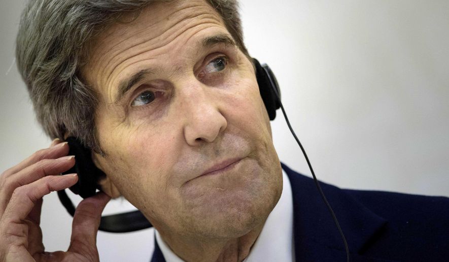 U.S. Secretary of State John Kerry listens to an interpreter during a press conference following a meeting with foreign ministers of the Gulf Cooperation Council (GCC) on Monday, Aug. 3, 2015 in Doha. Qatari Foreign Minister Khaled al-Attiyah on Monday backed the deal on Iran&#39;s nuclear program as the best available option, after talks in Doha with US Secretary of State John Kerry. (Brendan Smialowski/pool photo via AP)