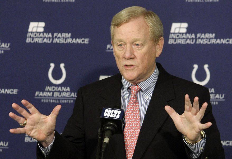 FILE - In this April 21, 2010 file photo, Indianapolis Colts' Bill Polian responds to a question during a news conference in Indianapolis. Polian built three franchises into contenders, Buffalo, Carolina and Indianapolis, and had the wisdom to draft Manning over Ryan Leaf, leading to the Colts' 2007 Super Bowl win. Also a power broker within the league, he will be inductied into the Pro Football Hall of Fame on Saturday, Aug. 8, 2015. (AP Photo/Darron Cummings) ** FILE **