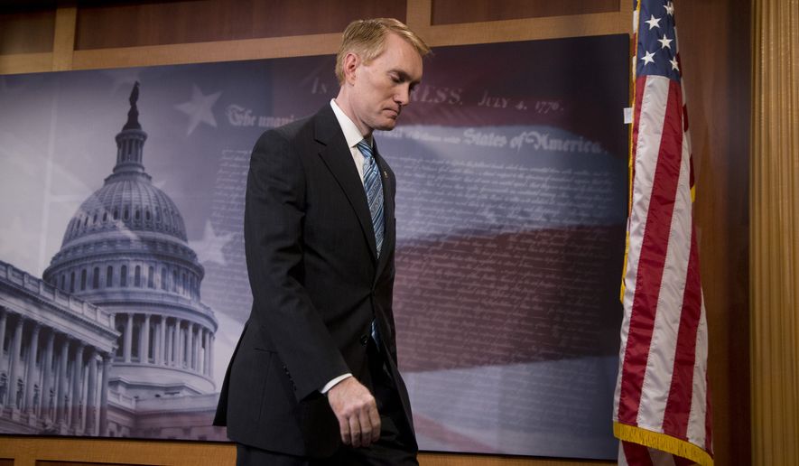 Sen. James Lankford, Oklahoma Republican, leaves a news conference on Capitol Hill in Washington on July 29, 2015, where Planned Parenthood was discussed. (Associated Press)