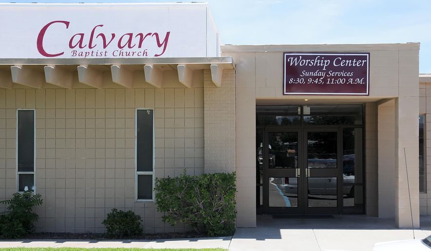 This Monday, Aug. 3, 2015 photo shows the exterior of Calvary Baptist Church in Las Cruces, New Mexico, where an explosive was detonated on Sunday morning. There were no injuries and only minor damage. (Robin Zielinski/Las Cruces Sun-News via AP)