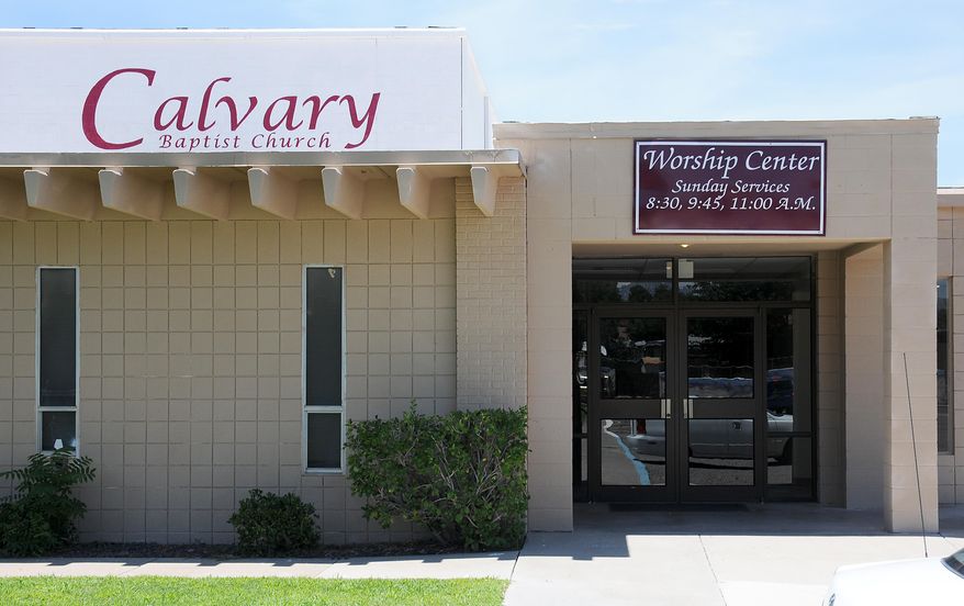 This Monday, Aug. 3, 2015 photo shows the exterior of Calvary Baptist Church in Las Cruces, New Mexico, where an explosive was detonated on Sunday morning. There were no injuries and only minor damage. (Robin Zielinski/Las Cruces Sun-News via AP)