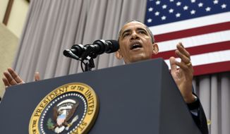 President Barack Obama speaks about the nuclear deal with Iran, Wednesday, Aug. 5, 2015, at American University in Washington. The president said the nuclear deal with Iran builds on the tradition of strong diplomacy that won the Cold War without firing any shots. (AP Photo/Susan Walsh)