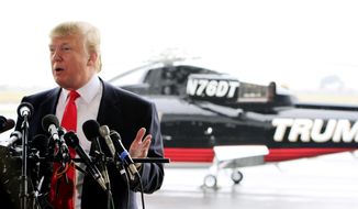FILE - In this April 27, 2011 file photo, Donald Trump speaks during a news conference in front of his helicopter at the Pease International Tradeport in Portsmouth, N.H. Trump’s been telling Americans for nearly three decades that he’s what they really need in the White House, a business-hardened dealmaker-in-chief. Now that he’s actually running for president, Trump gets to say it Thursday night from center stage and in prime-time as the top-polling candidate in the first Republican presidential debate of the 2016 campaign.  (AP Photo/Jim Cole, File)