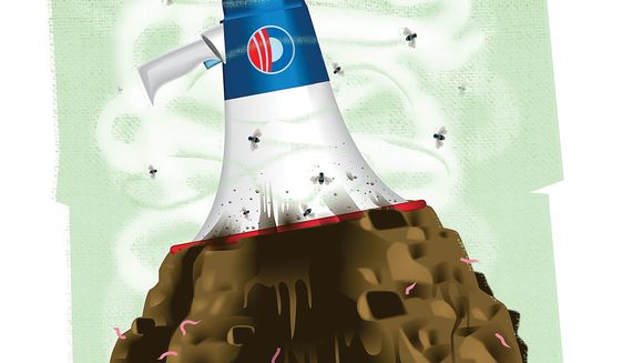 Illustration on Obama&#x27;s August 5th speech defending hid nuclear deal with Iran by Alexander Hunter/The Washington Times
