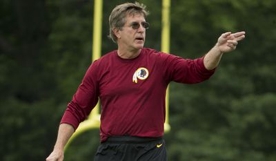 ﻿﻿Washington Redskins offensive line coach Bill Callahan gestures as he works with players during NFL football minicamp at Redskins Park, Wednesday, June 17, 2015, in Ashburn, Va. (AP Photo/Pablo Martinez Monsivais)