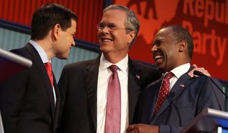 Republican presidential candidates from left, Marco Rubio, Jeb Bush and Ben Carson talk during a break during the first Republican presidential debate at the Quicken Loans Arena Thursday, Aug. 6, 2015, in Cleveland. (AP Photo/Andrew Harnik) ** FILE **