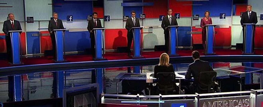 Seven GOP presidential candidates who didn&#39;t make the cut to be in the first prime-time debate later Thursday took to the stage for what was called the &quot;kiddie&#39;s table&quot; debate. (Fox News)