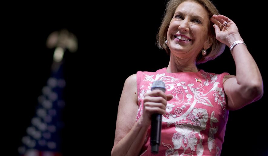 Republican presidential candidate Carly Fiorina speaks at the RedState Gathering in Atlanta on Aug. 7, 2015. (Associated Press) **FILE**