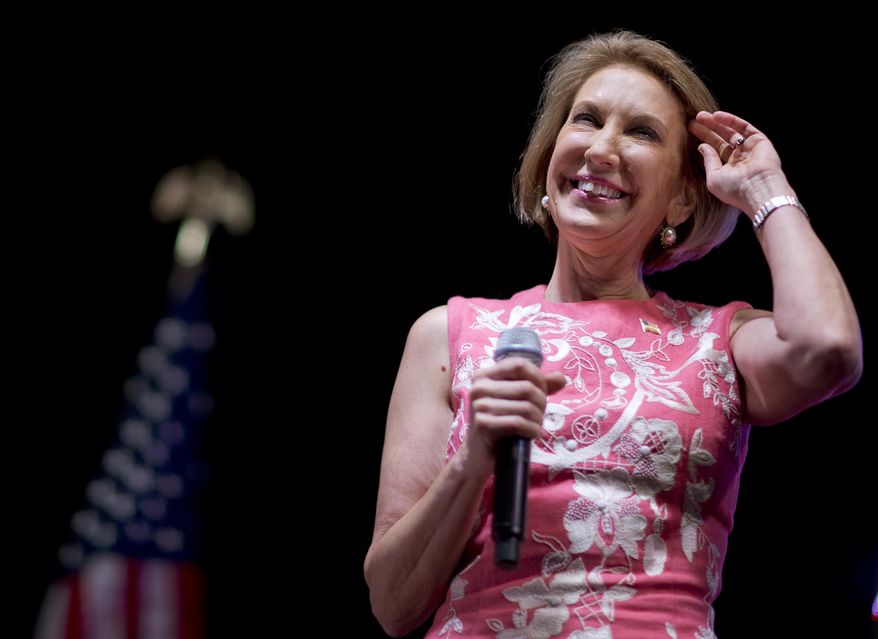 Republican presidential candidate Carly Fiorina speaks at the RedState Gathering in Atlanta on Aug. 7, 2015. (Associated Press) **FILE**