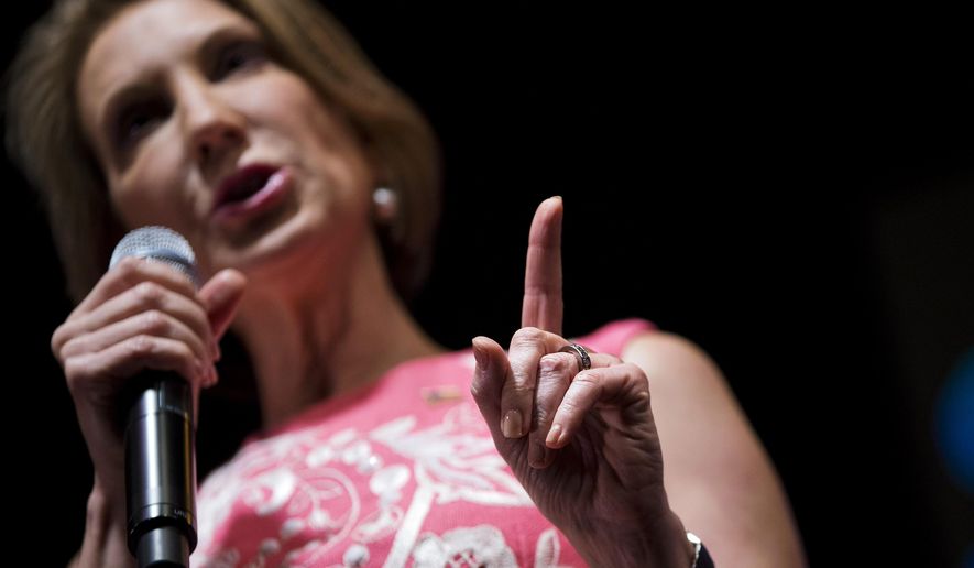 Republican presidential candidate Carly Fiorina gestures while speaking at the RedState Gathering, Friday, Aug. 7, 2015, in Atlanta. (AP Photo/David Goldman)