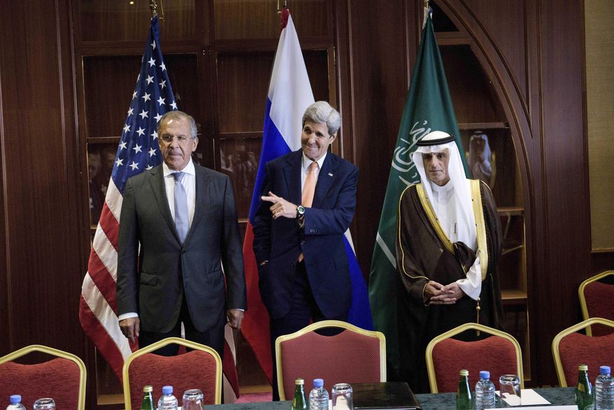 In this Monday Aug. 3, 2015, file photo, Russia's Foreign Minister Sergey Lavrov, from left, U.S. Secretary of State John Kerry and Saudi Foreign Minister Adel al-Jubeir stand together before a trilateral meeting in Doha, Qatar. (Brendan Smialowski/Pool photo via AP, File)