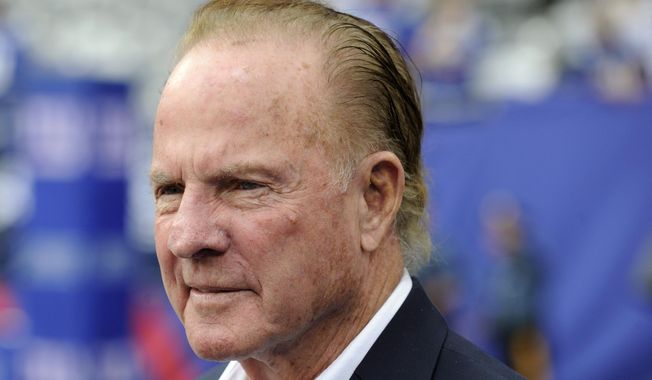 FILE - In this Sept. 15, 2013 file photo, former New York Giants player Frank Gifford looks on before an NFL football game between the New York Giants and the Denver Broncos in East Rutherford, N.J.  In a statement released by NBC News on Sunday, Aug. 9, 2015, his family said Gifford died suddenly at his Connecticut home of natural causes that morning. He was 84. (AP Photo/Bill Kostroun, File)
