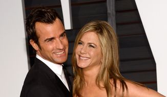 In this Feb. 22, 2015, file photo, Justin Theroux, left, and Jennifer Aniston arrive at the 2015 Vanity Fair Oscar Party in Beverly Hills, Calif. Howard Stern has revealed details about the secret wedding between Jennifer Aniston and Justin Theroux, including that Jimmy Kimmel officiated. (Photo by Evan Agostini/Invision/AP, File)
